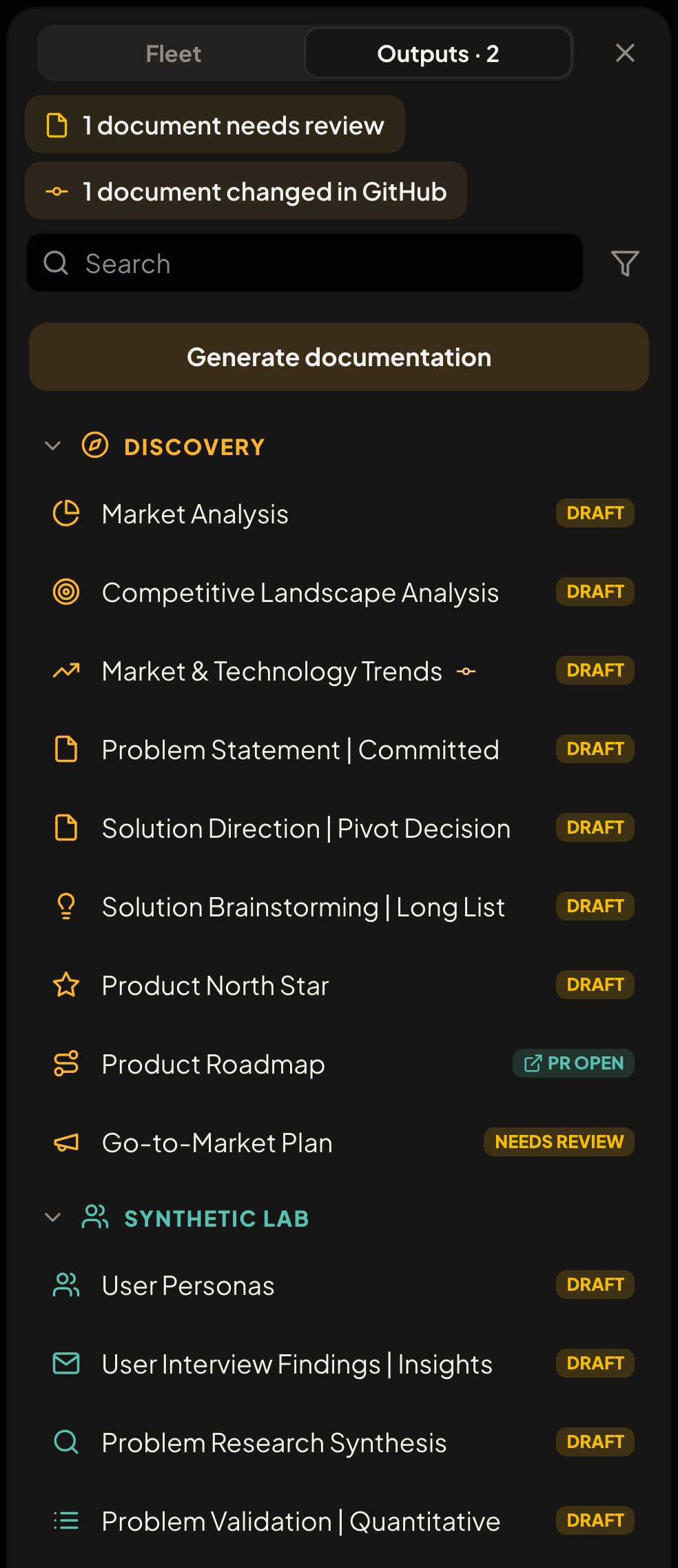 A panel listing a product's discovery documents with their review status, including one document changed in GitHub.