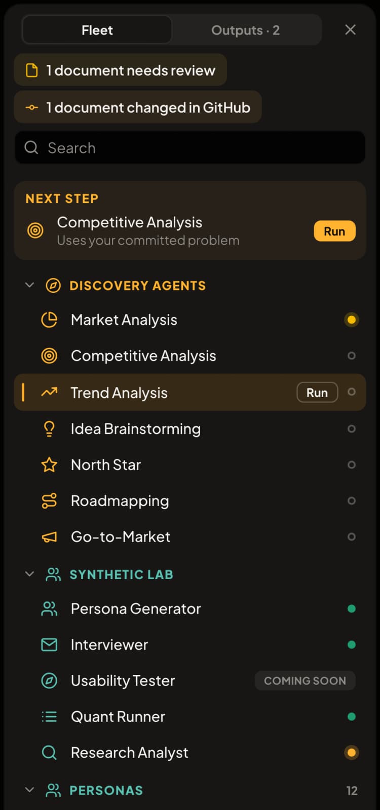 A panel of discovery agents and a synthetic research lab with a persona generator, interviewer, survey runner and research analyst.
