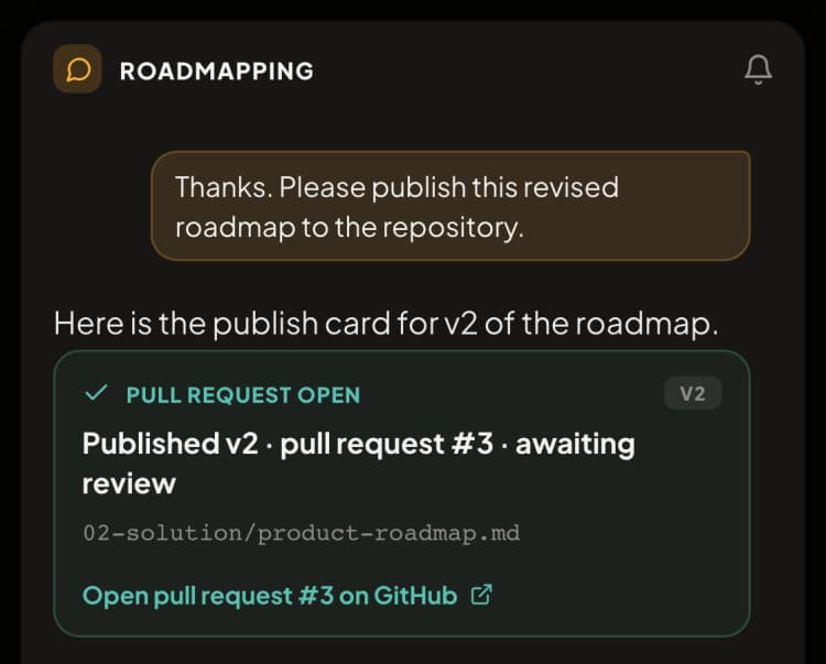 A chat card confirming that a revised roadmap was published as an open pull request awaiting review.